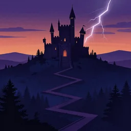 hi detailed giger illustration dark violet atmosphere lighting, zig - zag path and evil sharp castle over a high dark blue hill at night. orange to pink gradient sky and thunderstorm background. forest underneath