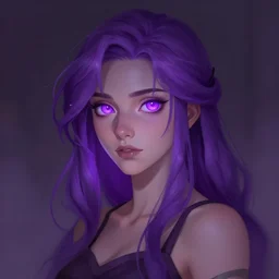 character art by bastien lecouffe - deharme, young woman, purple hair, glowing purple eyes