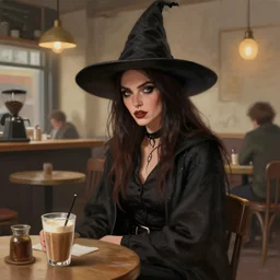 natalie emmanuel witch, modern clothes in a coffeeshop. digital painting, detailed, 8 k, trending on artstation, smooth, sharp focus, hd, urban fantasy artwork by mark arian, artgerm, mark keathley, greg rutkowski