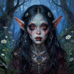 a beautiful but sinister and creepy goblin in layers of fear, with haunted eyes, violence in her eyes, 1 9 7 0 s, seventies, delicate embellishments, a little blood, woodland, blue dawn light shining on wildflowers, painterly, offset printing technique, by alexandre cabanel
