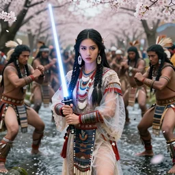full body portrait of Iroquois warrior princess souronded with the Indian crowd of fighters in fighting poses , she holds light saber and looks directly into the camera, blossoming sakura leafs falls into the river, beautiful symmetrical face, big eyes, big lips, ornamental semi transparent robes, native rich jewelry
