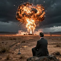 Mr Bean watching the atomic bomb explode in the distance