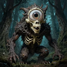 hyperdetailed art nouveau portrait of treebeard as a chimera eyeball skull dragon monster, by micheal whelan, simon bisley and bill sienkiewicz, grim yet sparkling atmosphere, photorealism, thorns, claws, ribcage, fangs, night in the forest, wild, crazy, scary, horror, lynn varley, lovern kindzierski, steve oliff