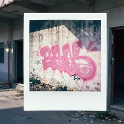 analog polaroid of pink graffiti on a white concrete wall on an abandoned street, gritty
