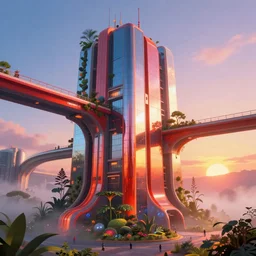 highly detailed futuristic architecture by Le Corbusier, reflective lighting, stylized vegetation, sky bridges, ground-level view, foggy atmosphere, stunning sunny lighting, sunrise, vivid colors, in the style of pixar animation, trending on Artstation, 8k, matte painting, ray tracing, hyper detailed, unreal engine 5, cinematic, epic lighting, cryengine, octane render, cyberpunk, red and orange glow, vibrant