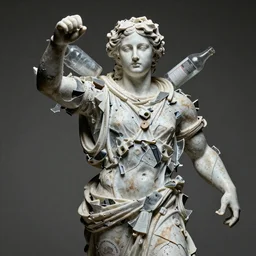 “Plastic Apollo statue covered with huge pieces of shattered bottles, detailed but rough, 4k photo, great light and shadows”