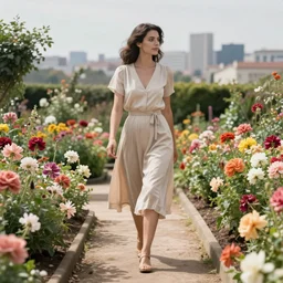 4k, highly detailed, sharp focus An elegant woman walks through a flower garden, far away you can see a city.