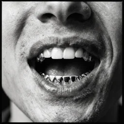 close up of man's mouth open with upper and lower metallic tooth grills, gritty grainy black and white film photograph, album artwork