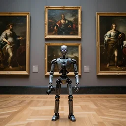 a professional photo of a museum full of classical oil paintings. in the middle of the floor stands a evil robot, holding a camera.