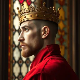 detailed side - view portrait of a crowned stern man, wearing a slim golden crown, buzzcut, stubble, red coat, medieval stained glass window, masterful, backlit