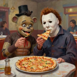 portrait painting of Michael Myers and Freddy Fazbear eating a delicious pizza, tables, happy, charming, typical, picturesque, sharp focus, wide shot, trending on ArtStation, masterpiece, by Greg Rutkowski, by Ross Tran, by Fenghua Zhong, octane, soft render, oil on canvas, colorful, cinematic, environmental concept art