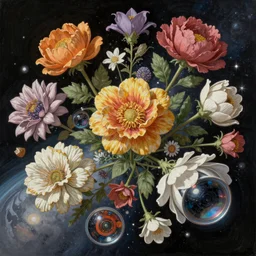 An epic fantastic realism comic book style painting of the most beautiful flowers launched into space, bouquets, fisheye lens, unreal 5, DAZ, hyperrealistic, octane render, by Rachel Ruysch, dynamic lighting