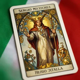 sergio mattarella, b, wearing a suit, tarot card, deep focus, d & d, fantasy, intricate, elegant, highly detailed, digital painting, artstation, concept art, matte, sharp focus, italian flag, illustration, hearthstone, art by artgerm and greg rutkowski and alphonse mucha