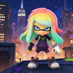 a splatoon 3 game in the newyork city, ink on everywhere, landscape in the night, beautiful scene,