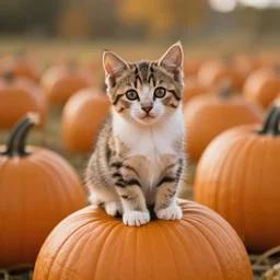 adorable kitten sitting on a pumpkin in a field of pumpkins, cinematic lighting, autumn