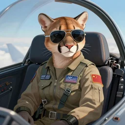 character portrait feature of the anthro female anthropomorphic puma bobcat mountain lion fursona animal person wearing aviator sunglasses fighter jet pilot outfit uniform sitting in a fighter jet cockpit flying plane professional pilot for us air force character design stylized by charlie bowater, ross tran, artgerm, and makoto shinkai, detailed, soft lighting, rendered in octane