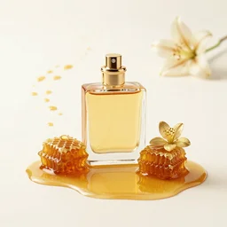 perfume bottle in a golden puddle of rich honey, honeycomb, and gold lillies, path traced, environment, highly detailed, concept art, realistic, octane render, up close shot shinji aramaki, karol bak, alphonse mucha