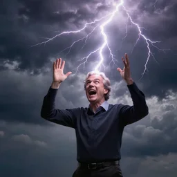 photograph of geert wilders standing, raising both hands and emitting lightning, shouting, crazy eyes, atmospheric lighting, dark clouds, sinister