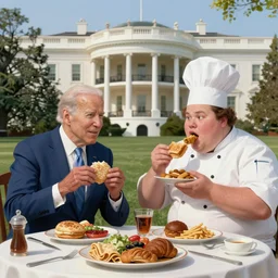Joe Biden and an extremely  obese chef eating together unhealthy  fast food at the white house, highly detailed, digital painting, artstation, concept art, sharp focus, illustration, art by artgerm and greg rutkowski and alphonse mucha