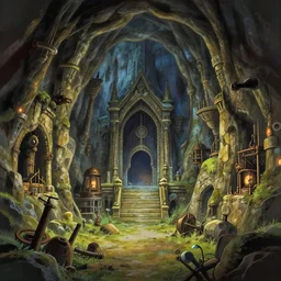 Masterfully painted mspaint art piece of middle-earth's 'Mines of Moria' painted by Makoto Shinkai and Studio Ghibli. View from underground within ancient dwarven mining equipment and architecture. Amazing beautiful incredible wow awe-inspiring fantastic masterpiece gorgeous fascinating glorious great.