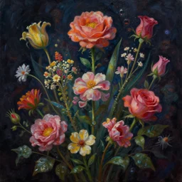 beautiful _ digital _ oil _ painting _ of _ whimsical _ botanical _ illustration _ beautiful _ flowers and roses _ enchanted _ dark _ background _ dark _ contrast _ by _ android _ jones _ synthwave