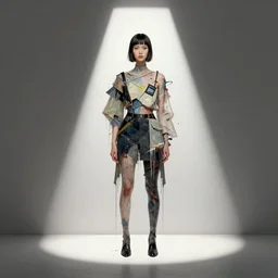 contemporary collage of a neocyber girl, detailed, spotlight, minimal, paint drips, mixed media, paint splatter, muted colors, futuristic fashion clothing, rule of thirds, by john baldessari, max ernst, david maljkovic