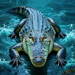 symmetric! portrait of a anthropomorphic crocodile, fractal textured skin, piercings, intricate detailed, background waves aquatic, luminescent digital art by paul barson and artgerm, 8 k hdr