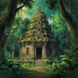 the ruins of a temple in a lush jungle, in the style of studio ghibli, dramatic, fantasy lighting,