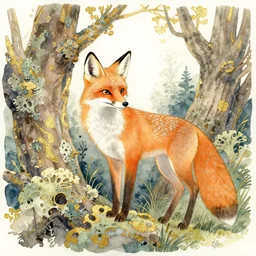 fae fox in the lichen woods. this watercolor and gold leaf work by the award - winning mangaka has a beautiful composition and intricate details.