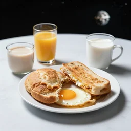 breakfast in space, dslr photograph, color graded