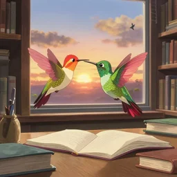 a flaming firehummingbird studying in for an exam in a library, next to a window showing a sunset studio ghibli perfect art