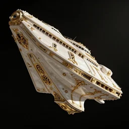 exterior shot of the gleaming hull of a starship drifting through space, made of white ivory with detailed gold baroque ornamentation and filigree, trending on ArtStation, very detailed, octane render, Greg Rutgowski, Jodorwoski's Dune, David Lynch, postmodernist baroque industrial design, 4K, French Nouveau, gothic baroque space ship