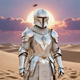 beautiful luxury and victorian and elite and holy Mandalorian medieval white armor knight warrior portrait, desert dunes, sunset clouds, sun glowing behind head, art and illustration by tian zi and craig mullins and WLOP and alphonse mucha, ssci-fi, fantasy, intricate complexity, human structure, hypermaximalist,  fantasy character concept, dynamic lighting, neon light, watermark, blurry, hyperrealism 8k