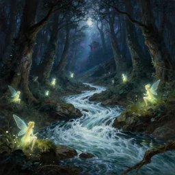 a dark fantasy forest of arthurian legend, bright fairies glowing incandescently, a roaring river rushing through the center, the threat of cosmic evil, artstation, unreal render, 8 k, oil painting, painted ruan jia raymond swanland lawrence alma tadema zdzislaw beksinski norman rockwell tom lovell alex malveda greg staples