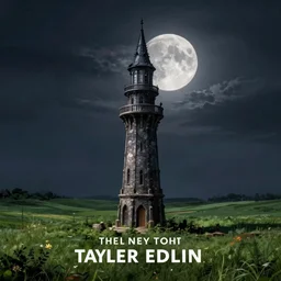 The single lonesome grand wizard tower by Tyler Edlin, fantasy art, green fields in the background, wide angle, cinematic composition, dark moody lighting, moon in the sky