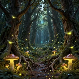 a beautiful digital glossy clear sharp of a detailed gothic fantasy fireflies forest trees roots mushrooms fireflies moonlight and iron gate cobblestone pathway vines ground fog by james gurney, 8 k resolution trending on artstation