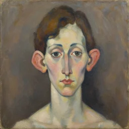 expressive medium shot portrait of a woman with big ears and a small head, short brown hair, brown and blue palette, oil painting, impasto, muted colors, artwork by lucian freud