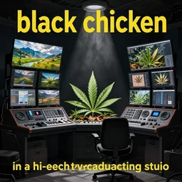 'black chicken'!!! smoking 'cannabis'!!!!!! in front of 'audio console'!!!! and 'multi monitors'!!!! 'in a hi-tech tv broadcasting studio'!!!!, artwork by James Gilleard