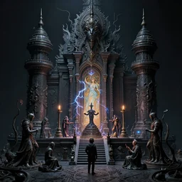 highly detailed surreal vfx eldritch avante garde portrait of a 3 d dark temple, magick communications, arcane ritual, script, entangled vibrating, electricity, ornate, hyperrealistic, octane render, chiaroscuro, inspired by james jean, android jones, gerard brom, denis villeneuve, johannen voss, alphonse mucha, frostbite 3 engine