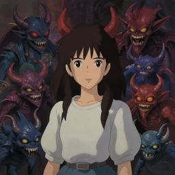 “An 8k hi-res portrait painting of beautiful girl surrounded by evil creatures, 3d Studio Ghibli”