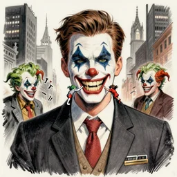 drawing of gotham city's finest investigative reporter jack ryder with 1 4 tiny jokers reaching out of his mouth, 4 k art by brian bolland, graphic novel cover art