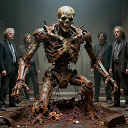 movie still of dead hell machine, rusted, macerated, eviscerated by wires, gangrene pit, fungal pit, by alberto bontempi, shigeru komatsuzaki, wayne d barlowe, alex ross, simon bisley & boris vallejo, enric torres, hyper realism, cinematical, narrative light, muted colors, epic, hyper