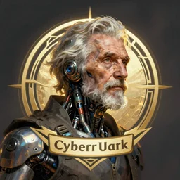 Ultra realistic illustration of an old man cyborg cyberpunk sci-fi fantasy dystopian art nouveau graphic design logo