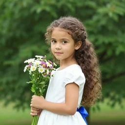 a photograph of a small, delicate-looking girl with light brown skin and big, bright eyes. long, curly hair that's pulled back into a ponytail, wearing a white dress with a blue ribbon around the waist. In her hand, the girl is holding a bunch of flowers. Behind her, there will be a big, green tree.