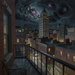 horrifying full color photorealistic painting of the view from a 1 9 2 5 hotel terrace balcony overlooking a warped view of downtown 1 9 2 5 boston with a cosmic sky, dark, atmospheric, brooding, smooth, finely detailed, cinematic, epic, in the style of dave dorman