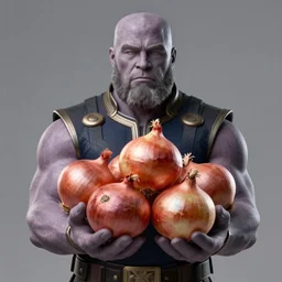 onion thanos holding onions, character portrait, ultra realistic, concept art, intricate details, highly detailed by greg rutkowski, ilya kuvshinov, gaston bussiere, craig mullins, simon bisley, surrounding onions, smiling, cheerful