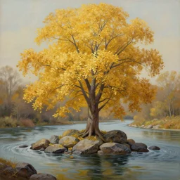 a highly detailed matte oil painting of a very tall tree with lots of golden leaves growing on a pile of rocks in the middle of a river.