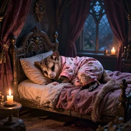 cute possum in its pajamas sleeping in a bed in a medieval bedroom at night under the dim light of a candle,  dark fantasy, dreaming illusion, trending on artstation