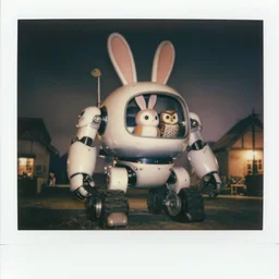 oversized battle rabbit robot chubby fatmech trailer wheels vehicle with big ears with rabbit and owl sitting inside, on village full body, nighttime, cinematic focus, polaroid photo, vintage, neutral dull colors, soft lights, foggy, by oleg oprisco, by thomas peschak, by discovery channel, by victor enrich, by gregory crewdson