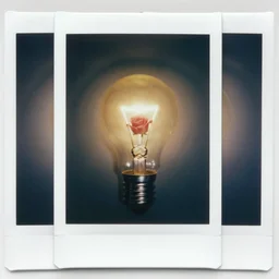 a glowing lightbulb, with a small rose inside, polaroid photo, surreal,
